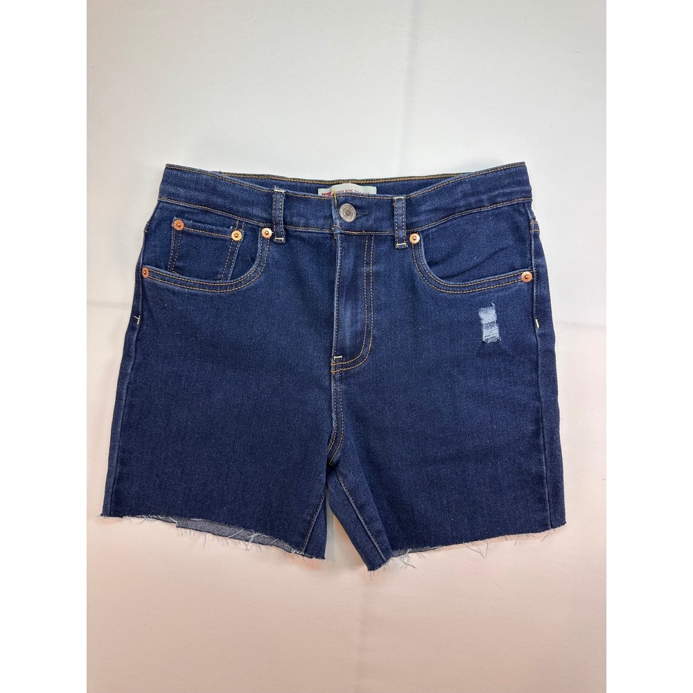 Levis Kids Girls High Rise Straight Dark Wash Distressed Denim Shorts Size 14